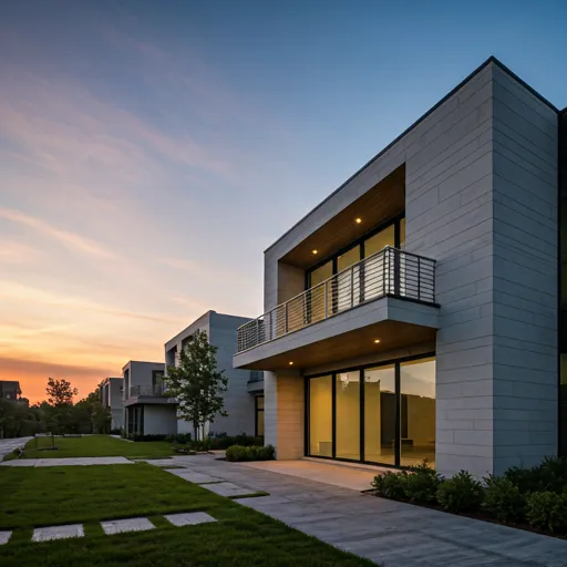 Modern residence exterior at sunset