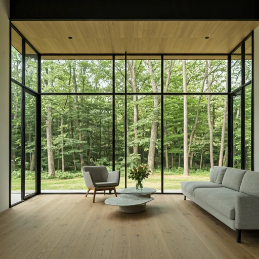 Spacious living room with large glass wall