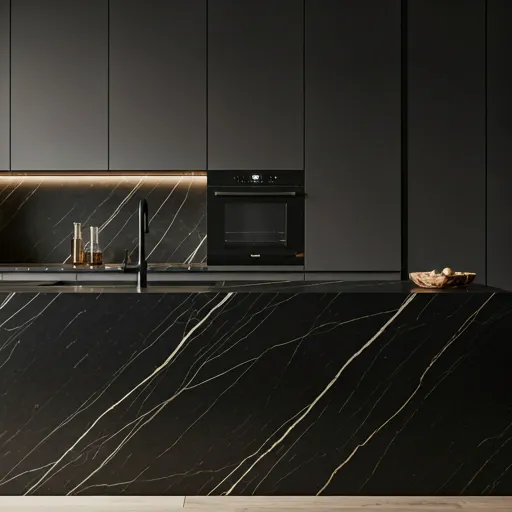 Modern kitchen with black marble island