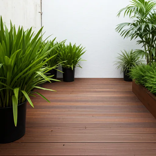 Outdoor patio with wooden deck and plants