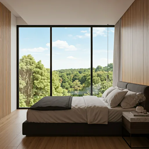 Modern bedroom with large window and view