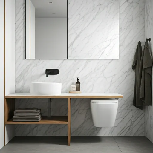 Renovated modern bathroom with marble finishes