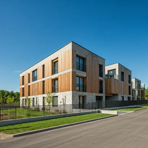 Modern housing complex exterior with wood details